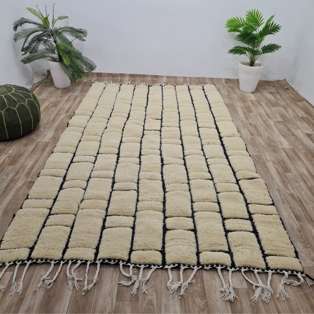 Modern Abstract Moroccan Rug – Beni Ourain Wool Carpet with Black Geometric Design- Custom Size. - Berber Handcrafts