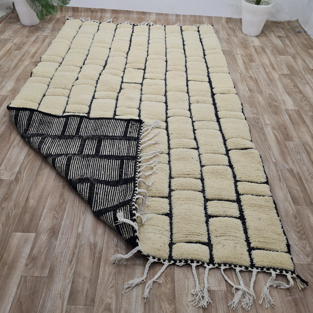 Modern Abstract Moroccan Rug – Beni Ourain Wool Carpet with Black Geometric Design- Custom Size. - Berber Handcrafts