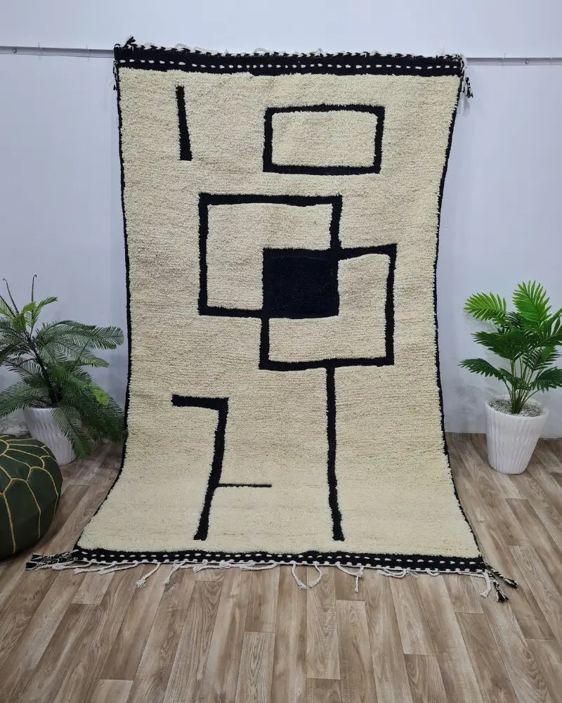 Modern Abstract Moroccan Rug – Beni Ourain Wool Carpet with Black Geometric Design- Custom Size - Berber Handcrafts