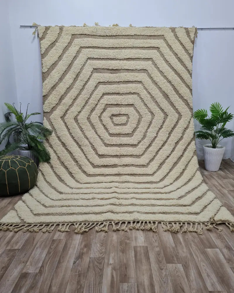 Hexagon Spiral Moroccan Rug – Neutral Beni Ourain Wool Carpet- Custom Size - Berber Handcrafts