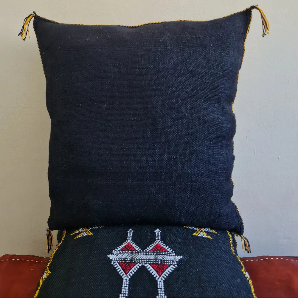 Set of 2 Black Sabra Silk Pillows with Yellow and Red Tribal Motifs – Handmade Moroccan Cushion Covers - Berber Handcrafts
