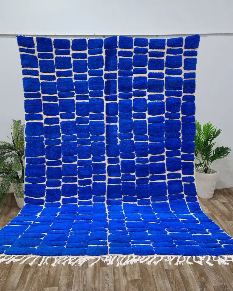 Blue Checkerboard Moroccan Rug – Bold Handmade Wool Carpet – Custom Size - Berber Handcrafts
