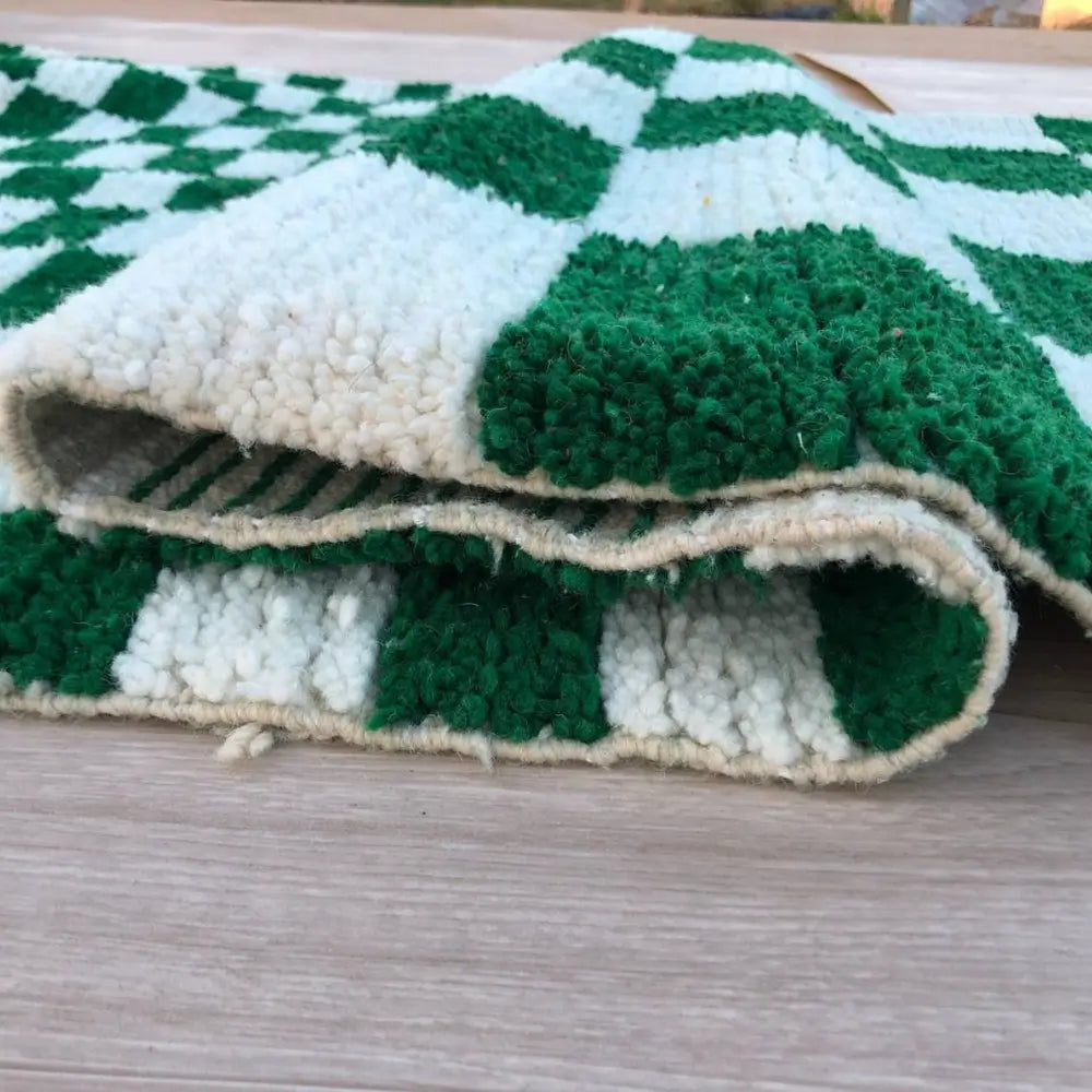 Green Checkered Moroccan Rug – Handwoven Wool Carpet – Custom Size - Berber Handcrafts