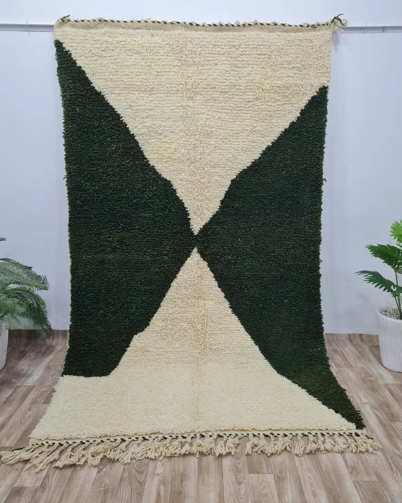 Minimalist Beni Ourain Rug – Green & Cream Wool Moroccan Carpet- Custom Size - Berber Handcrafts