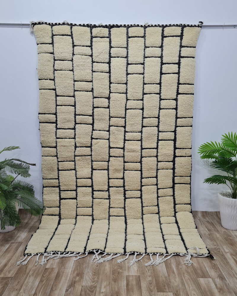 Modern Abstract Moroccan Rug – Beni Ourain Wool Carpet with Black Geometric Design- Custom Size. - Berber Handcrafts
