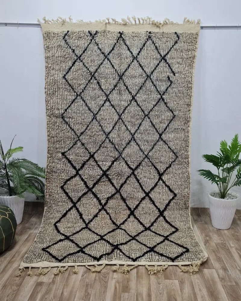 Neutral Beni Ourain Rug – Handmade Wool Moroccan Carpet with Black Diamonds– Custom Size - Berber Handcrafts