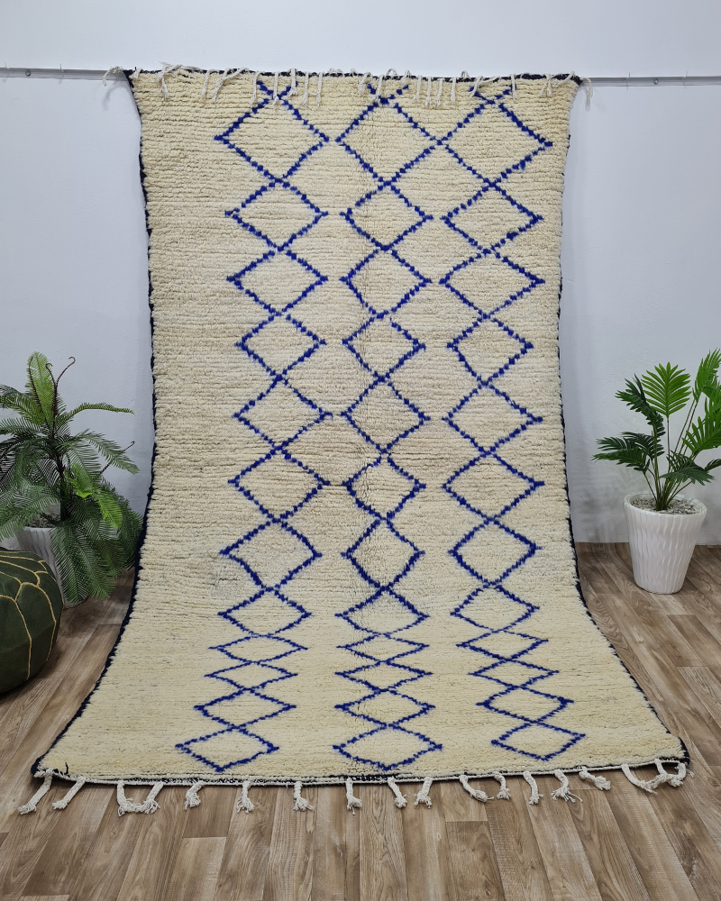 Moroccan Beni Ourain Rug – Blue Diamond Pattern Wool Carpet– Custom Size - Berber Handcrafts
