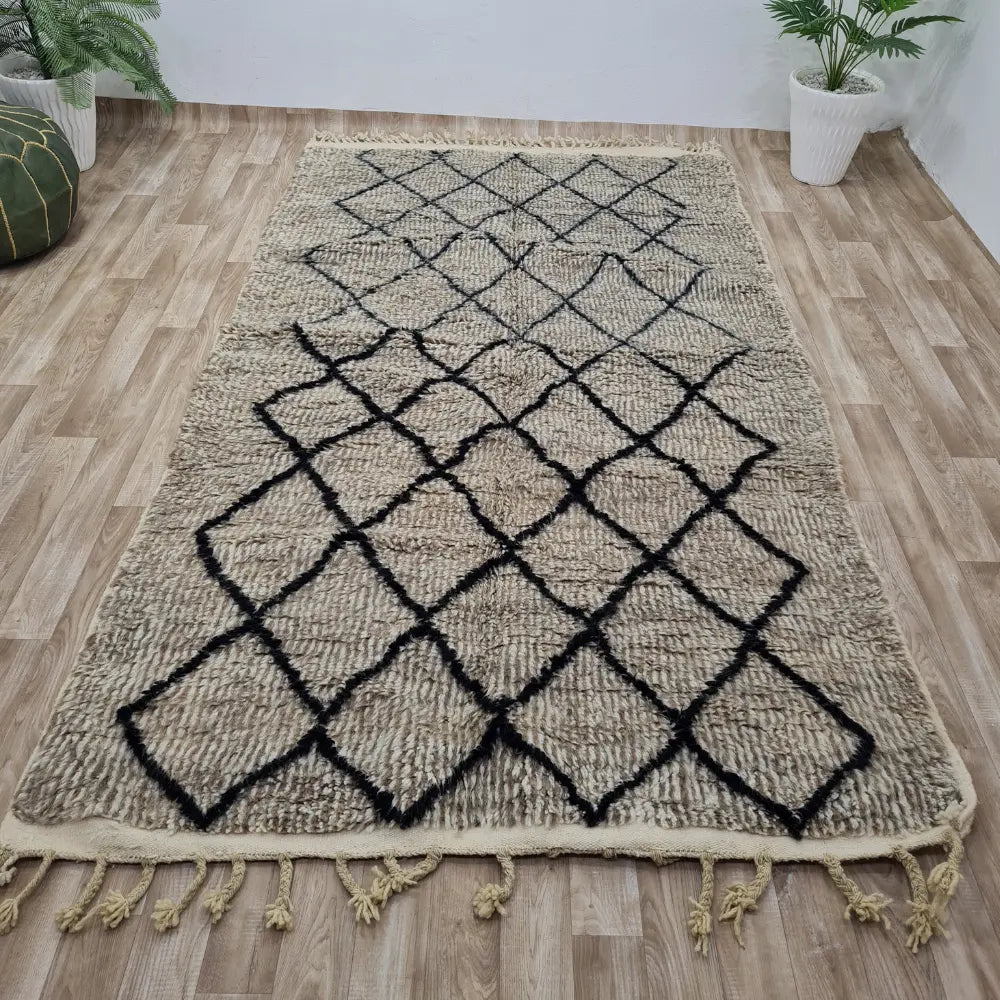 Neutral Beni Ourain Rug – Handmade Wool Moroccan Carpet with Black Diamonds– Custom Size - Berber Handcrafts