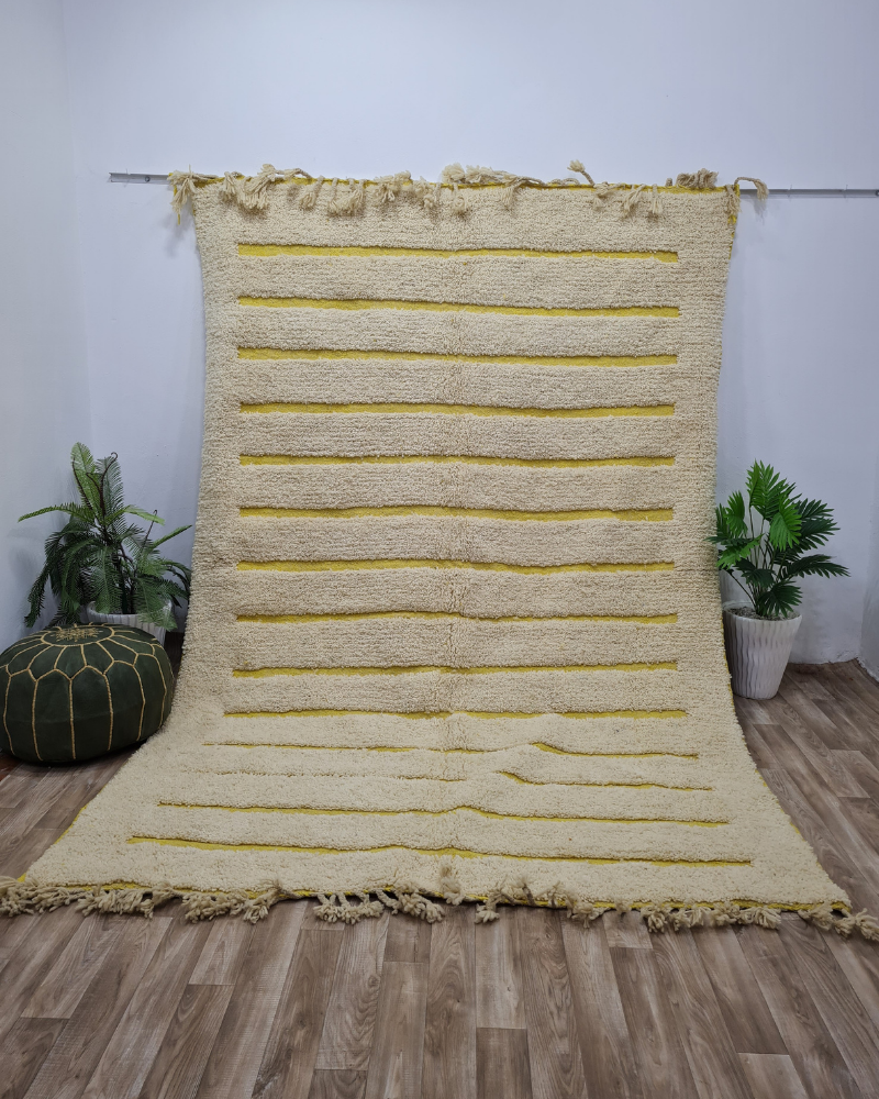Handwoven Moroccan Rug with Minimalist Yellow Stripes – Beni Ourain Style – Custom Size - Berber Handcrafts