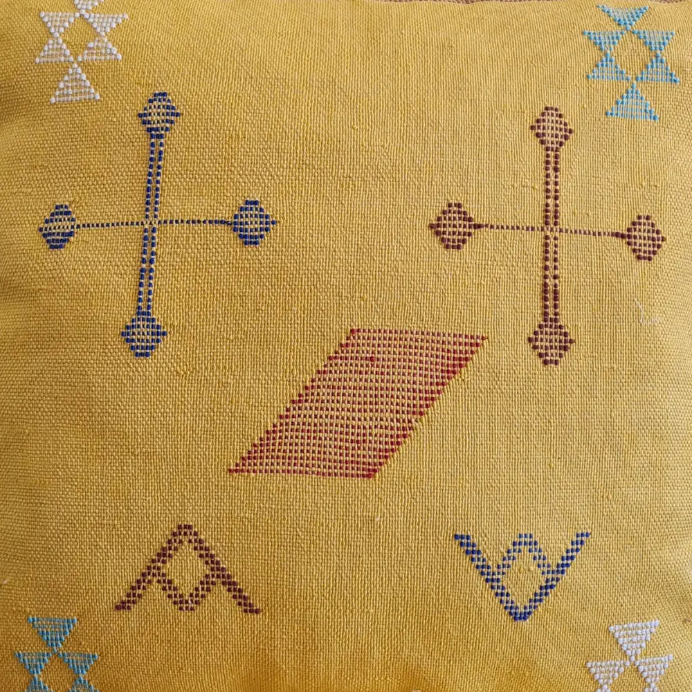Set of 2 Yellow Sabra Silk Pillows – Handwoven Moroccan Cushions with Colorful Tribal Symbols - Berber Handcrafts