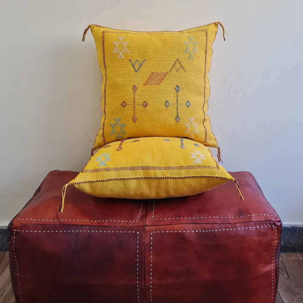 Set of 2 Yellow Sabra Silk Pillows – Handwoven Moroccan Cushions with Colorful Tribal Symbols - Berber Handcrafts