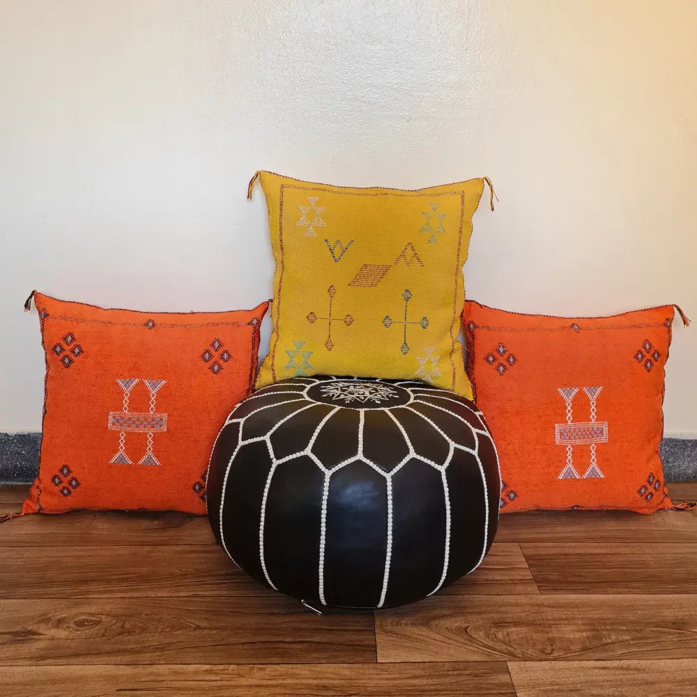 Set of 2 Yellow Sabra Silk Pillows – Handwoven Moroccan Cushions with Colorful Tribal Symbols - Berber Handcrafts