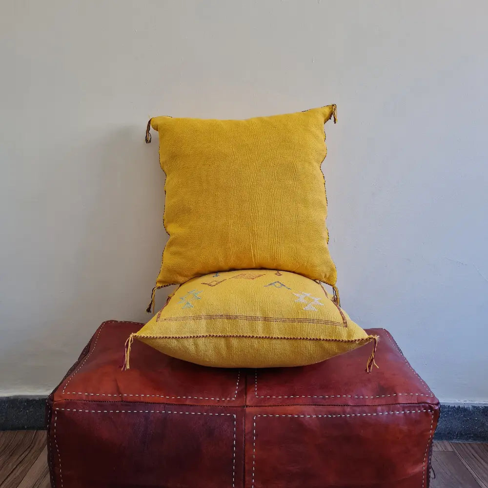 Set of 2 Yellow Sabra Silk Pillows – Handwoven Moroccan Cushions with Colorful Tribal Symbols - Berber Handcrafts