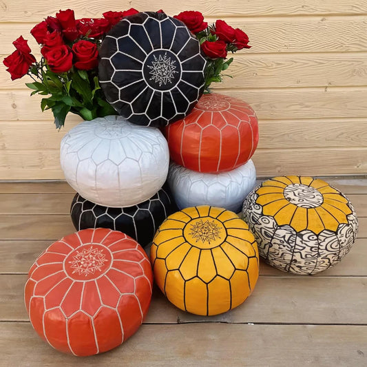 Moroccan POUF with White Stitching Leather Pouf Ottoman, Moroccan Leather Pouffe, Home Gifts