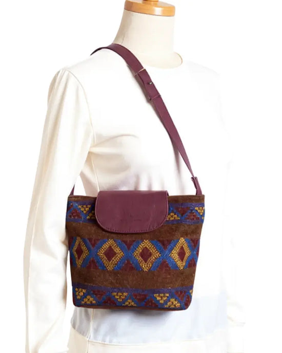 Embroidered Kilim Crossbody Bag, Handmade Wool & Purple Leather Purse - Berber Handcrafts