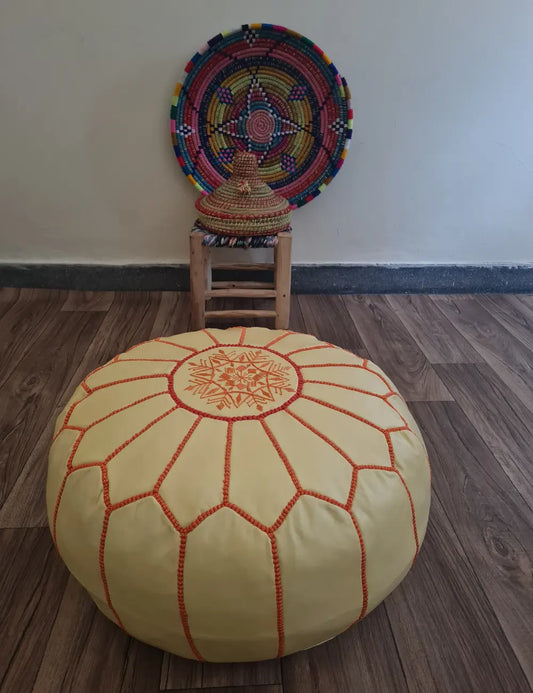 Cream & Orange Moroccan Leather Pouf – Warm & Unique