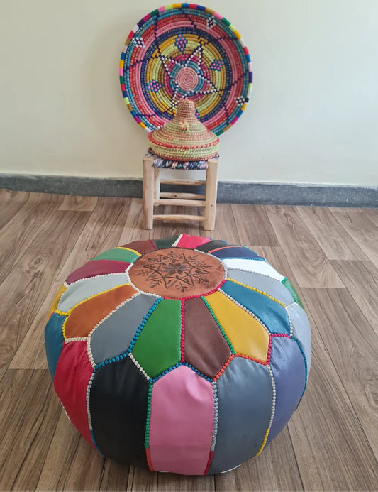 Multicolor Moroccan Leather Pouf – Handmade Patchwork Style