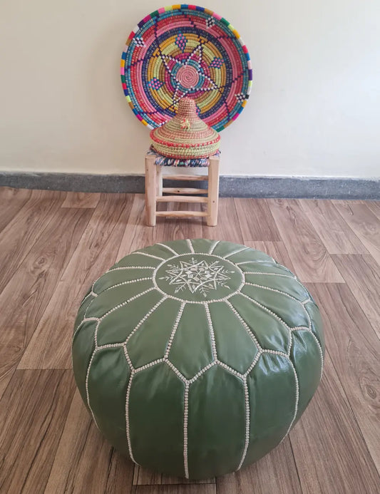Olive Green Moroccan Leather Pouf – Nature-Inspired Decor