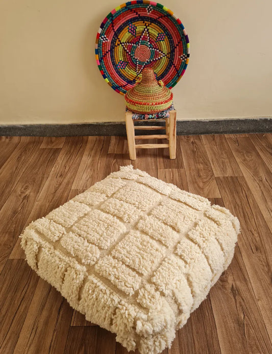 Moroccan Pouf – Cream with Subtle Raised Square Pattern