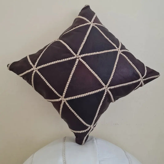 Dark brown Moroccan Leather Pillow – Geometric Hand-Stitched Cushion
