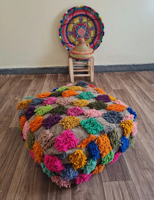 Colorful Moroccan Pom-Pom Pouf – Handmade Wool Floor Cushion