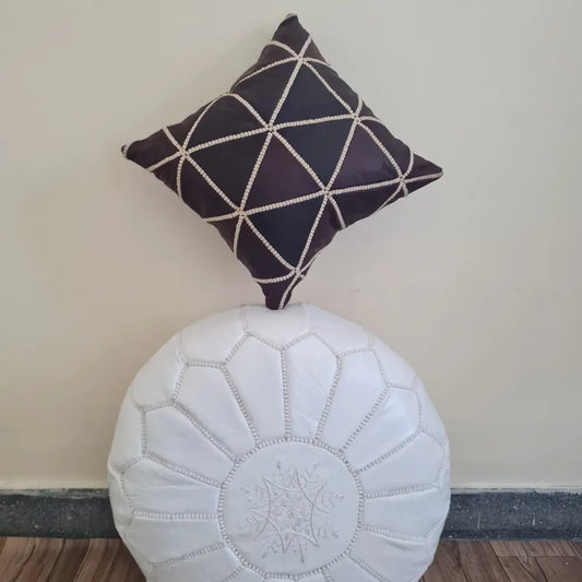 Dark brown Moroccan Leather Pillow – Geometric Hand-Stitched Cushion