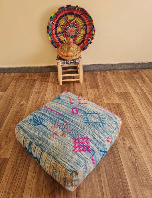 Moroccan Pouf – Light Blue with Traditional Accents