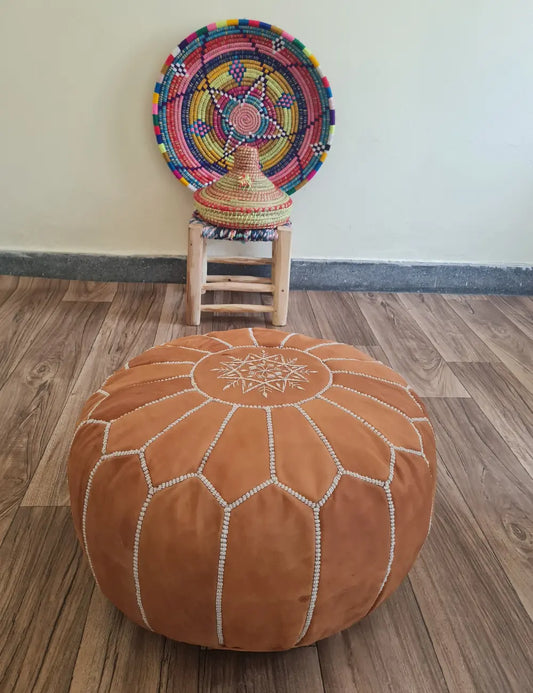 Brown Moroccan Leather Pouf – Neutral Sophistication