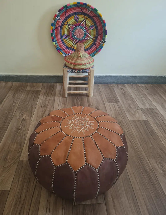 Brown & Tan Moroccan Leather Pouf – Earthy Toned Patchwork