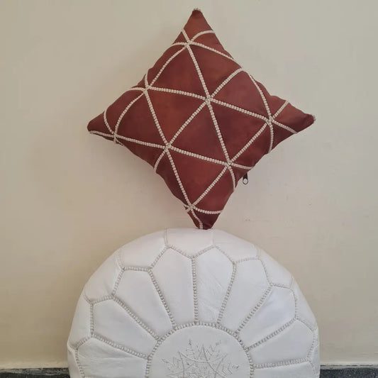 Brick Red Moroccan Leather Pillow – Geometric Diamond Pattern