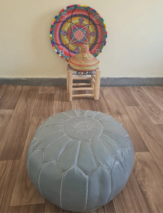 Gray Moroccan Leather Pouf – Neutral Sophistication