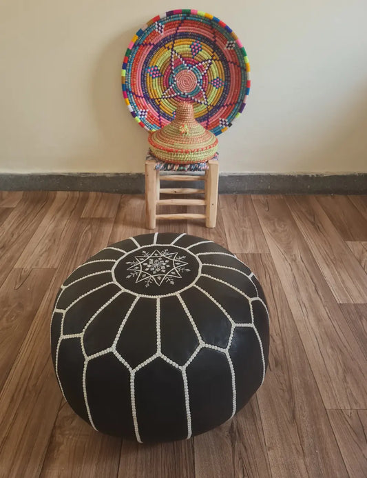 Authentic Moroccan Leather Pouf – Handmade Black Ottoman with White Embroidery