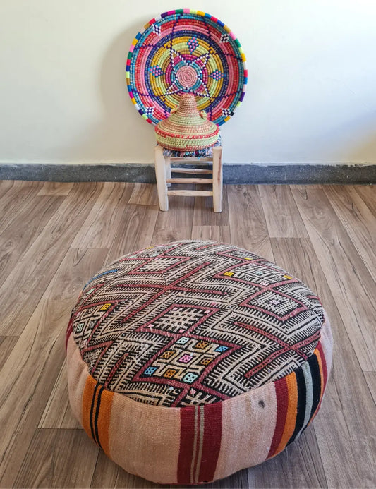 Round Moroccan Kilim Pouf – Handmade Vintage Floor Cushion
