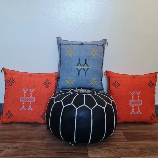 Set of 2 Grey-Blue Sabra Silk Pillows – Cool Moroccan Touch with Yellow and Black Embroidery
