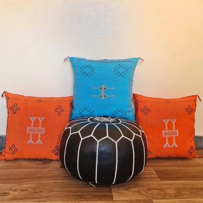 Set of 2 Turquoise Sabra Silk Pillows – Moroccan Handwoven Cushions with Blue Stitch Detailing - Berber Handcrafts