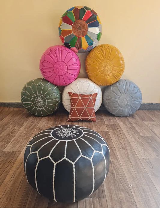 Authentic Moroccan Leather Pouf – Handmade Black Ottoman with White Embroidery