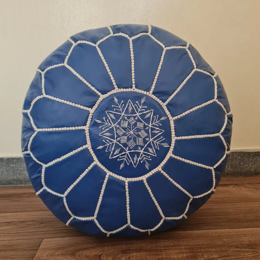 Blue Moroccan Leather Pouf – Navy Elegance with White Embroidery
