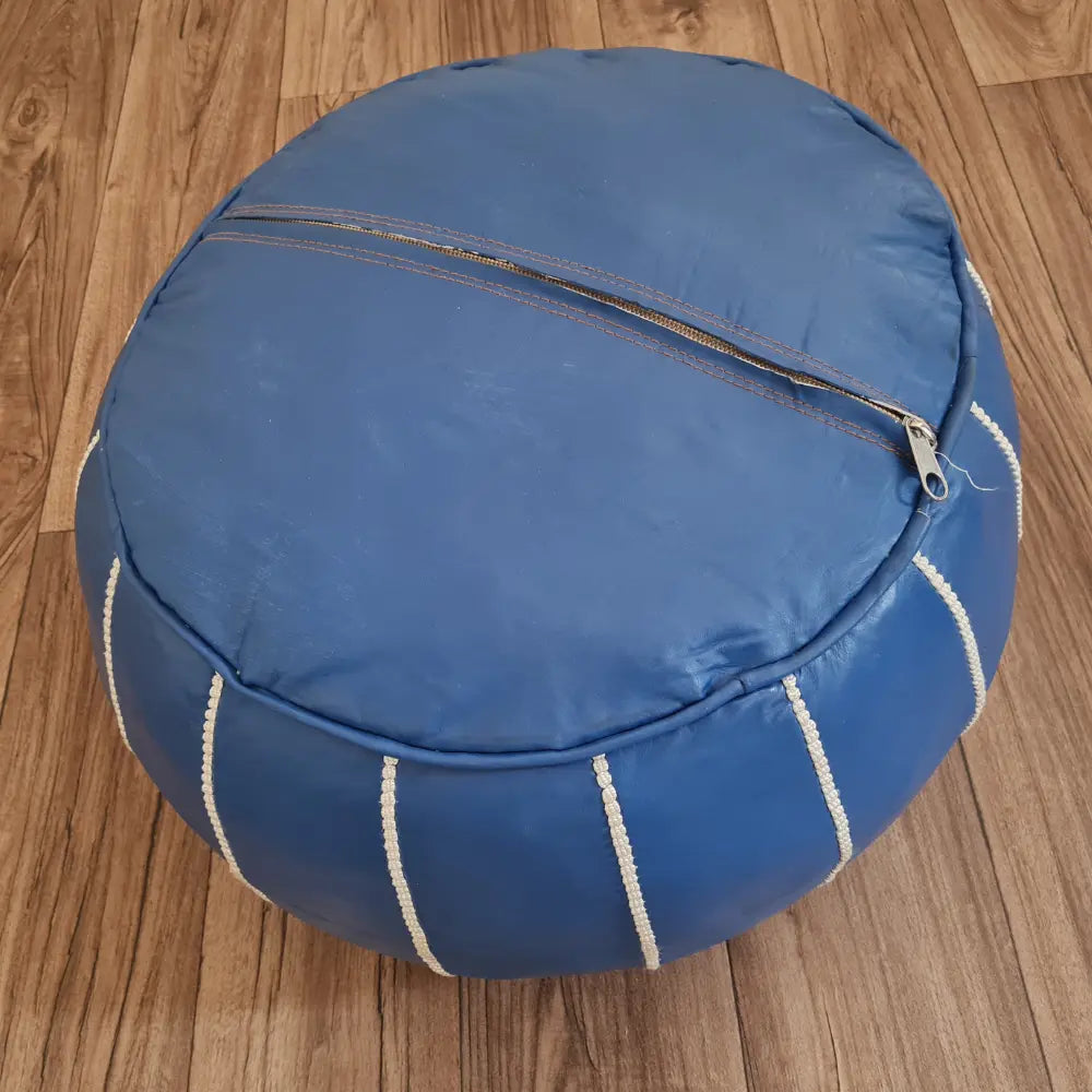 Blue Moroccan Leather Pouf – Navy Elegance with White Embroidery