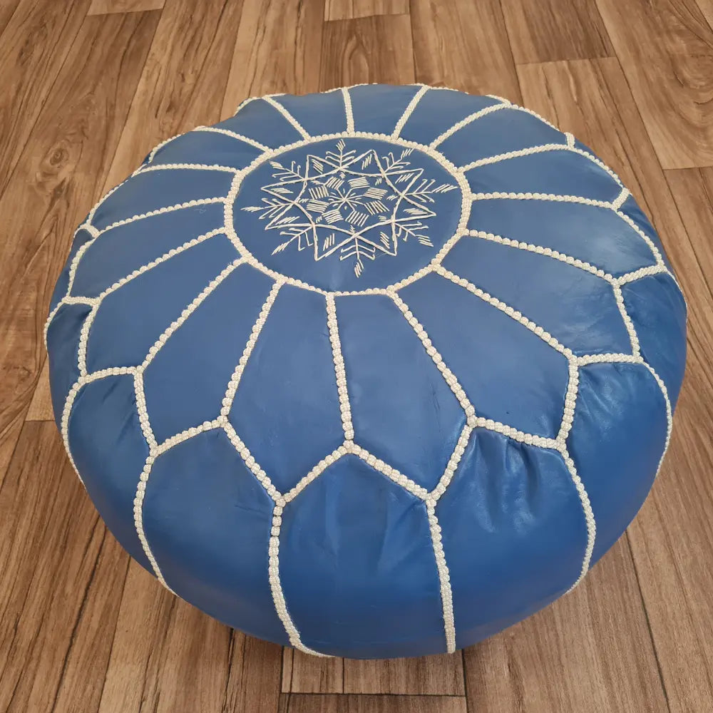 Blue Moroccan Leather Pouf – Navy Elegance with White Embroidery