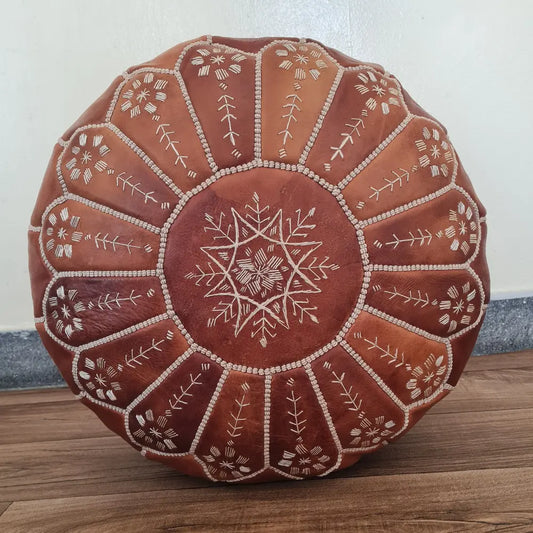 Burnt Orange Moroccan Leather Pouf – Floral Embroidery Accent