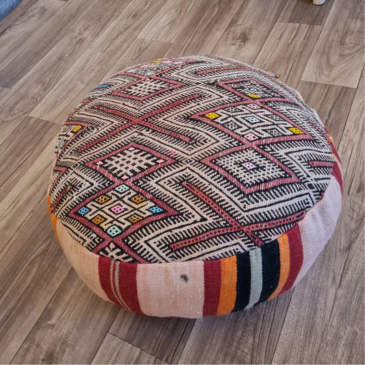 Round Moroccan Kilim Pouf – Handmade Vintage Floor Cushion