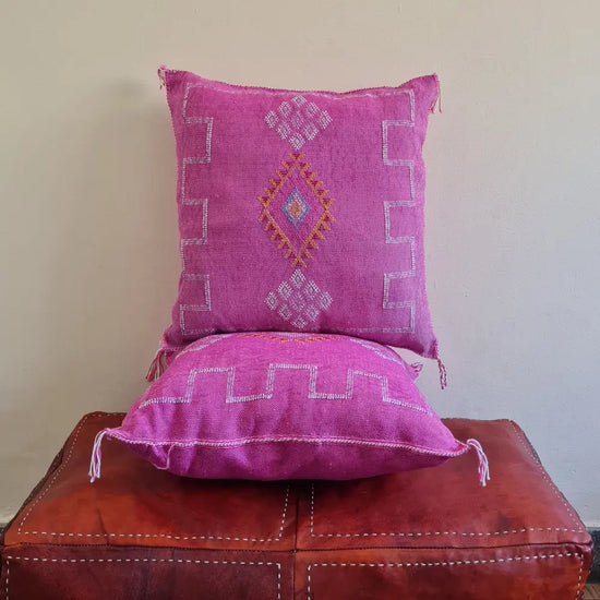 Set of 2 Fuchsia Pink Sabra Silk Pillows – Playful Moroccan Cushions - Berber Handcrafts