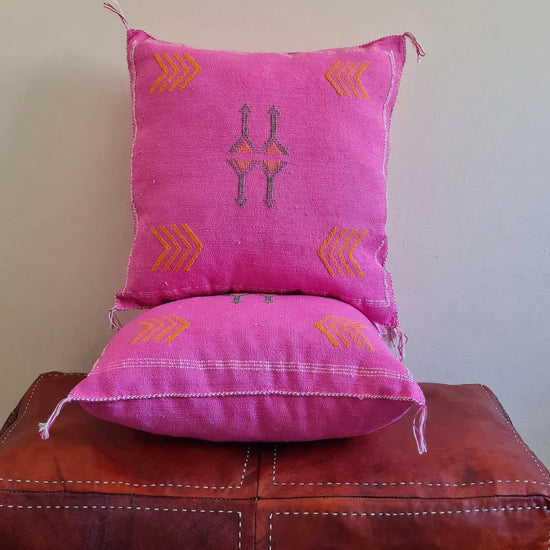 Set of 2 Fuchsia Pink Sabra Silk Pillows – Playful Moroccan Cushions with Yellow Arrows - Berber Handcrafts