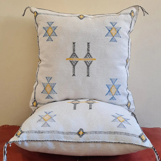 Set of 2 White Sabra Silk Pillows – Clean Moroccan Style with Yellow and Blue Symbols - Berber Handcrafts