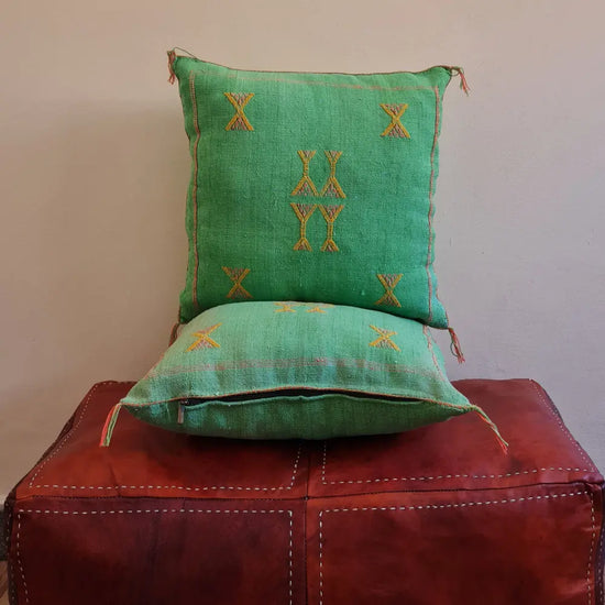 Set of 2 Green Sabra Silk Pillows – Refreshing Moroccan Cushions with Yellow Details - Berber Handcrafts