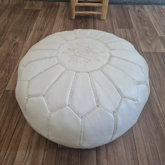 White Moroccan Leather Pouf – Clean and Elegant Look