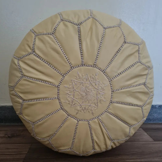 Beige Moroccan Leather Pouf – Elegant Simplicity with White Stitching