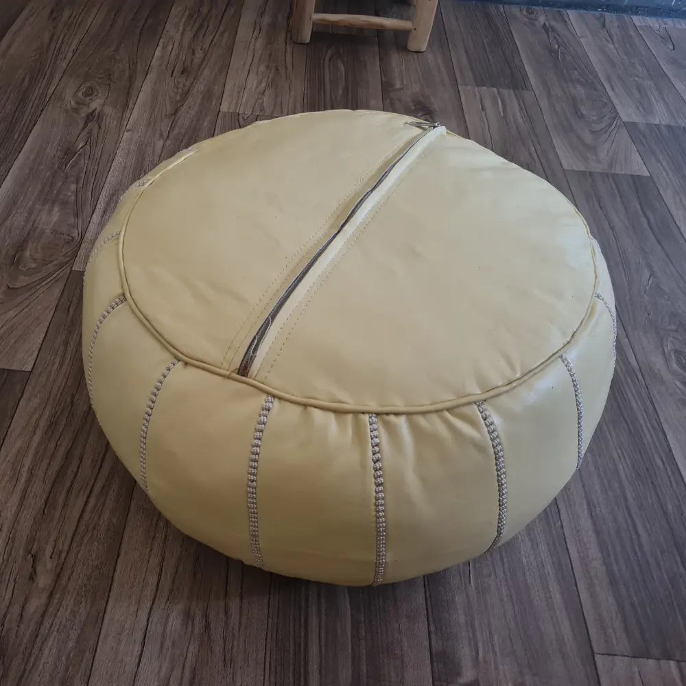 Beige Moroccan Leather Pouf – Elegant Simplicity with White Stitching
