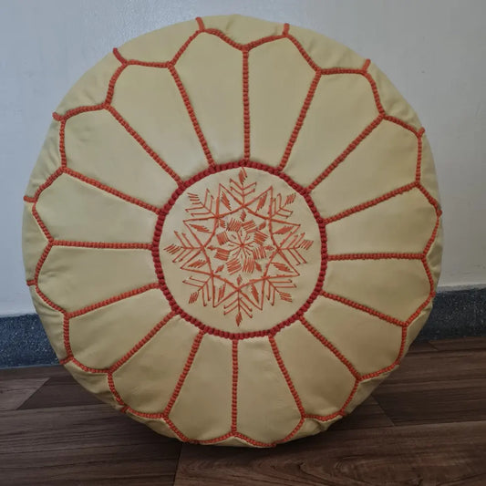 Cream & Orange Moroccan Leather Pouf – Warm & Unique