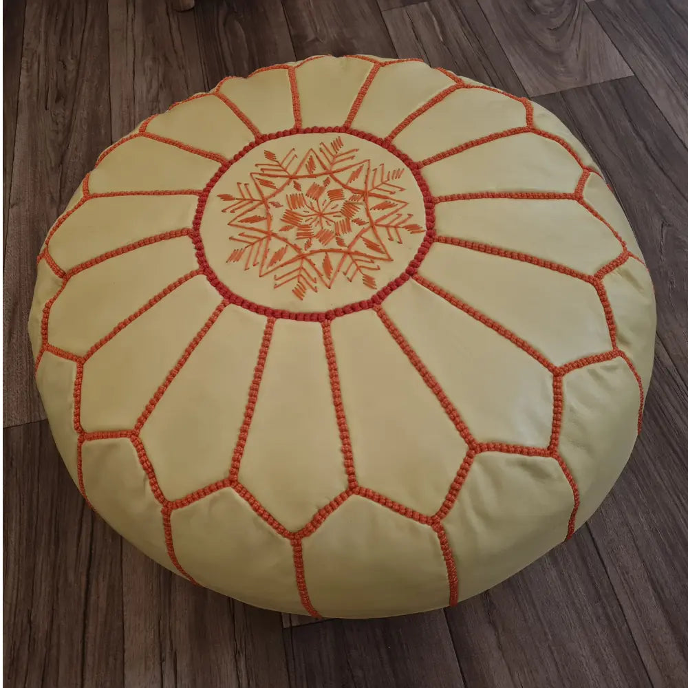 Cream & Orange Moroccan Leather Pouf – Warm & Unique